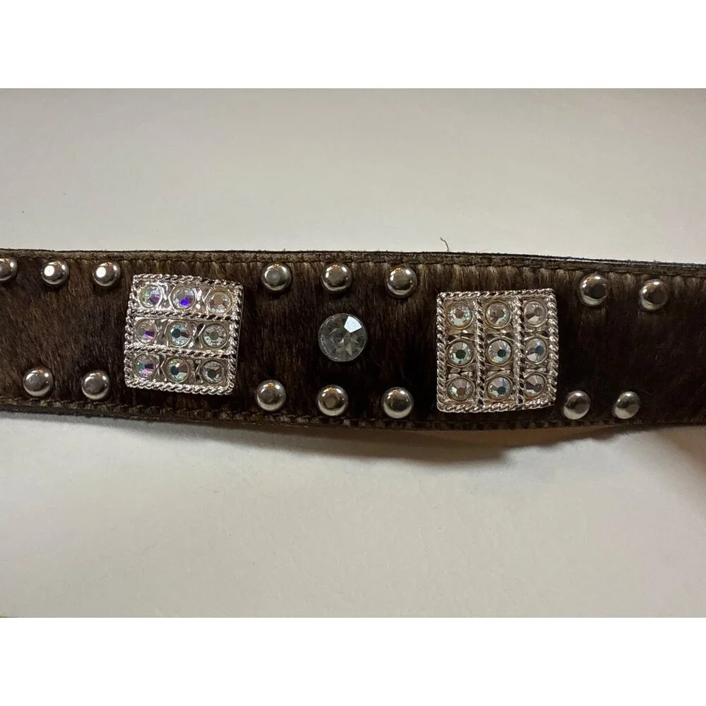 Handcrafted Leather Cowhide Belt Western Style Rhinestones Floral Buckle Design